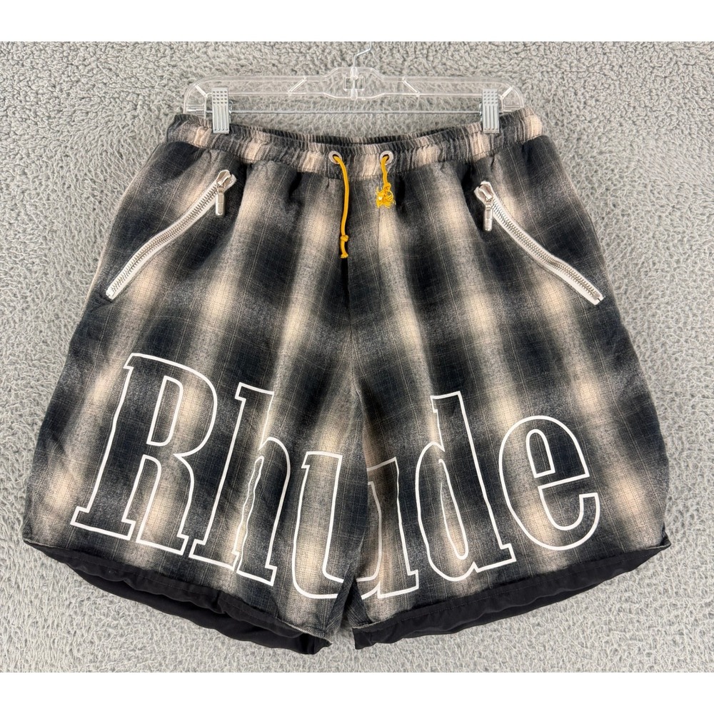 Rhude Plaid Shorts Mens XL Black Gray Ombre Drawstring Zip Pockets Streetwear